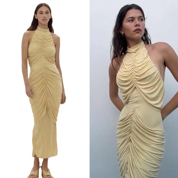 Paris Georgia Dresses & Skirts - Paris Georgia Roxie Gathered Draped Halter Knit Maxi Dress Gown Butter Yellow M
